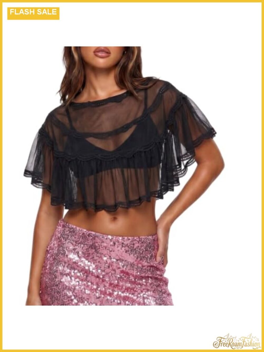 Sheer Lace Crop Top Y2K Mesh Blouse Ruffle Sleeve Summer Poncho